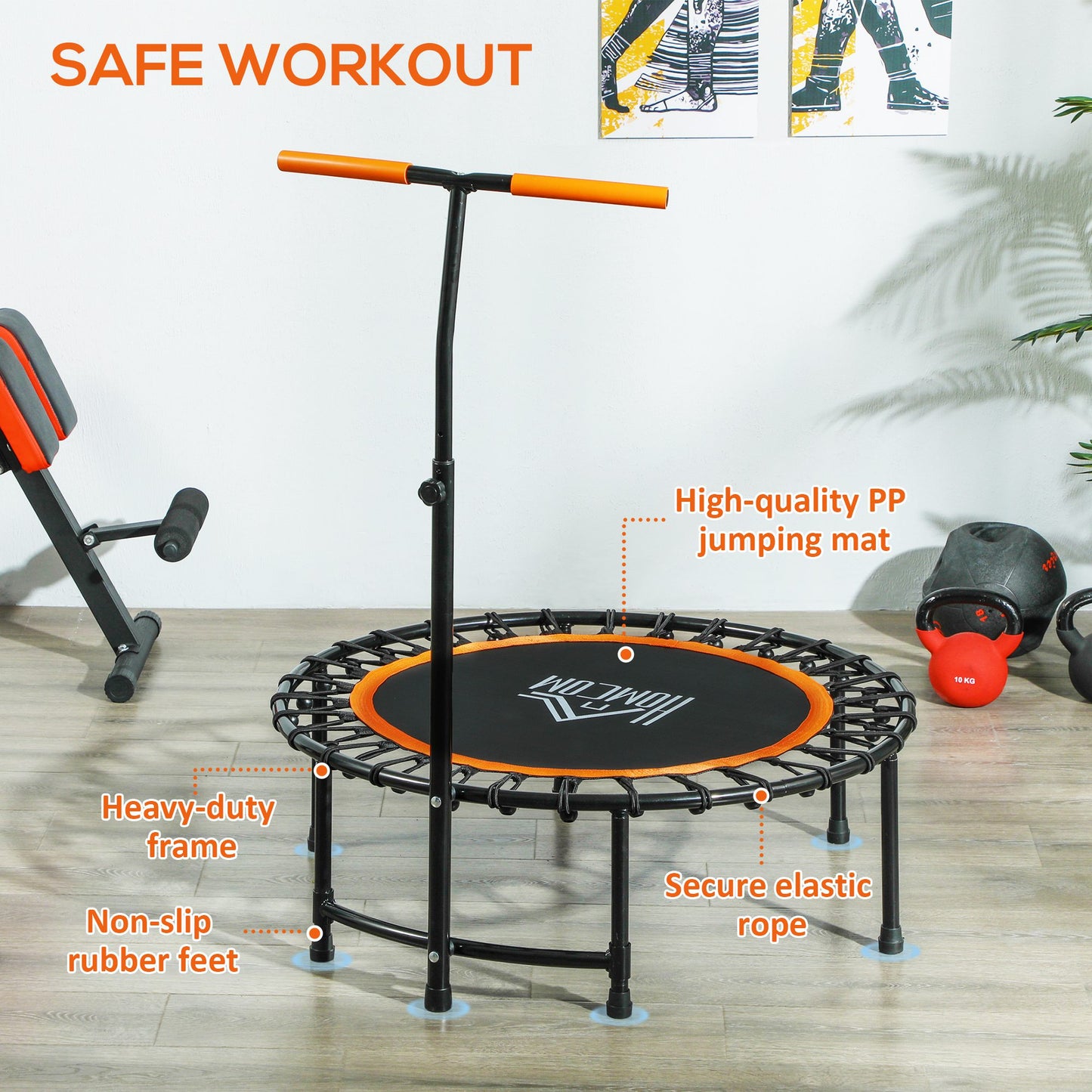 HOMCOM 40" Fitness Trampoline with Adjustable Handle, Rebounder Trampoline, Mini Jumper for Indoor Exercise Workout, Orange