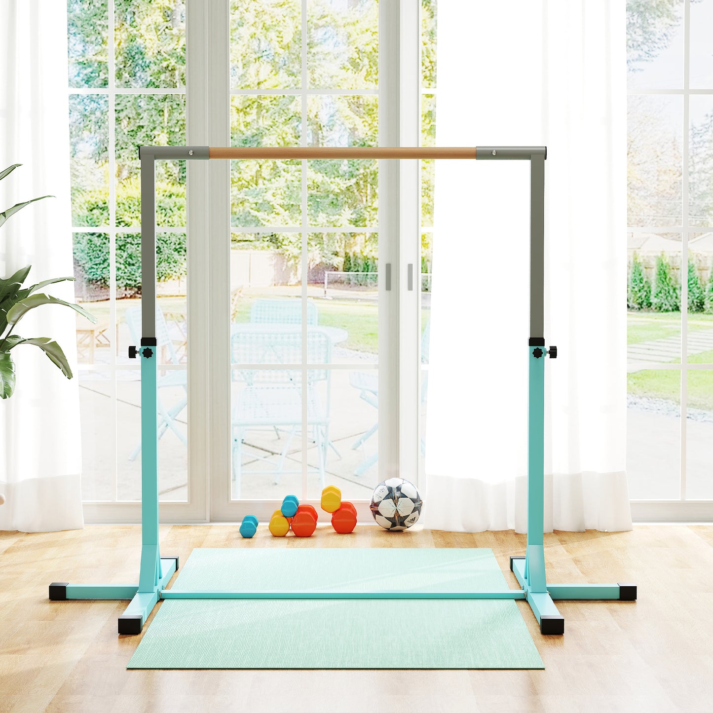 HOMCOM Height Adjustable Gymnastics Horizontal Bar for Kids, Children Junior Kip High Bar Fitness, Light Blue