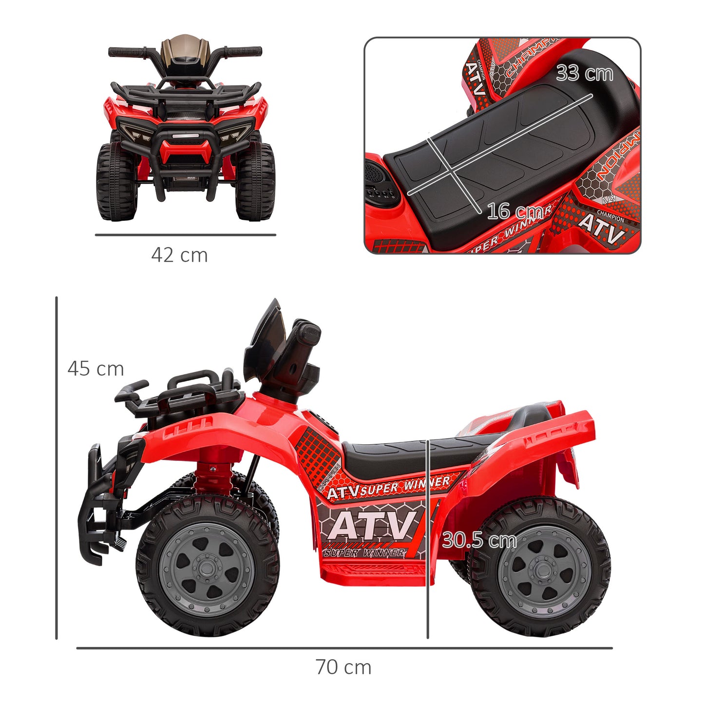 HOMCOM 6V Kids Electric Ride on Car Toddlers Quad Bike All Terrain Vehicle Toy With Music for 18-36 months Red