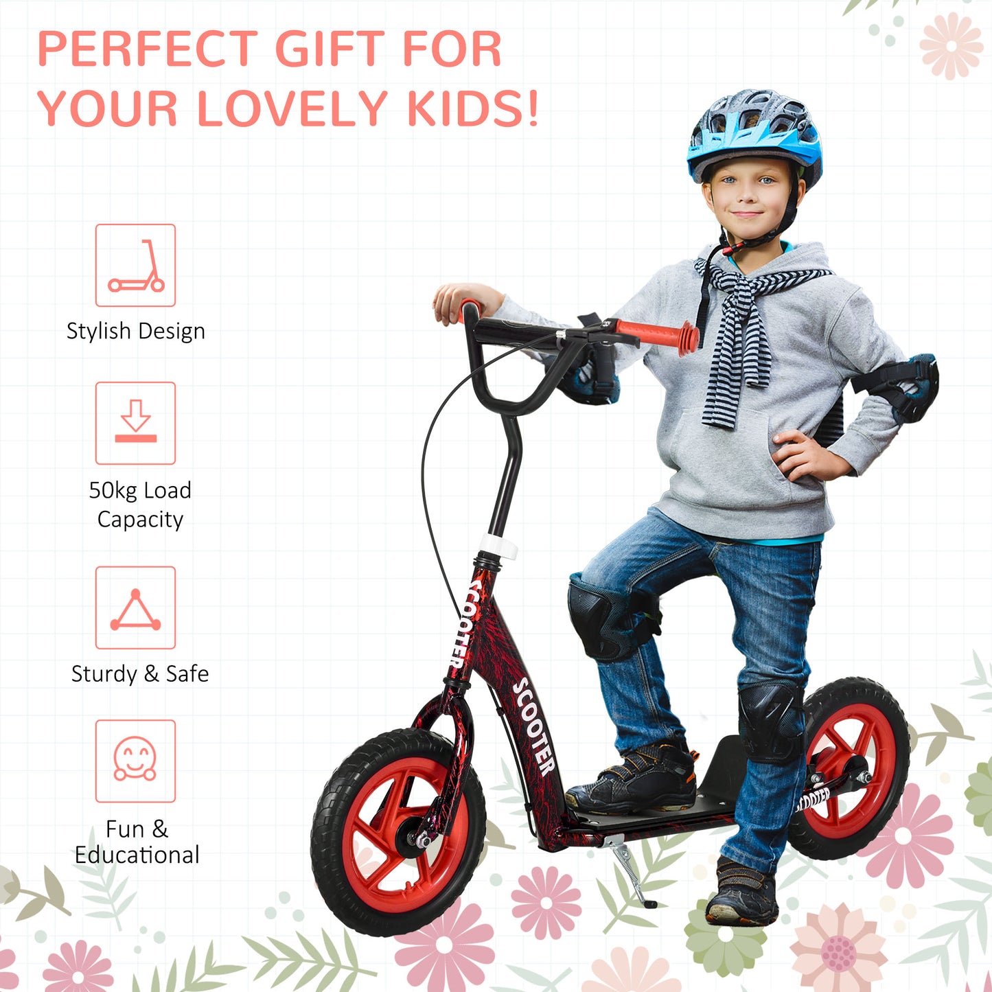AIYAPLAY Kids Scooter with Adjustable Handlebar, Children's Kick Scooter with Non-slip Footplate, Rear Brake, Kickstand, Red