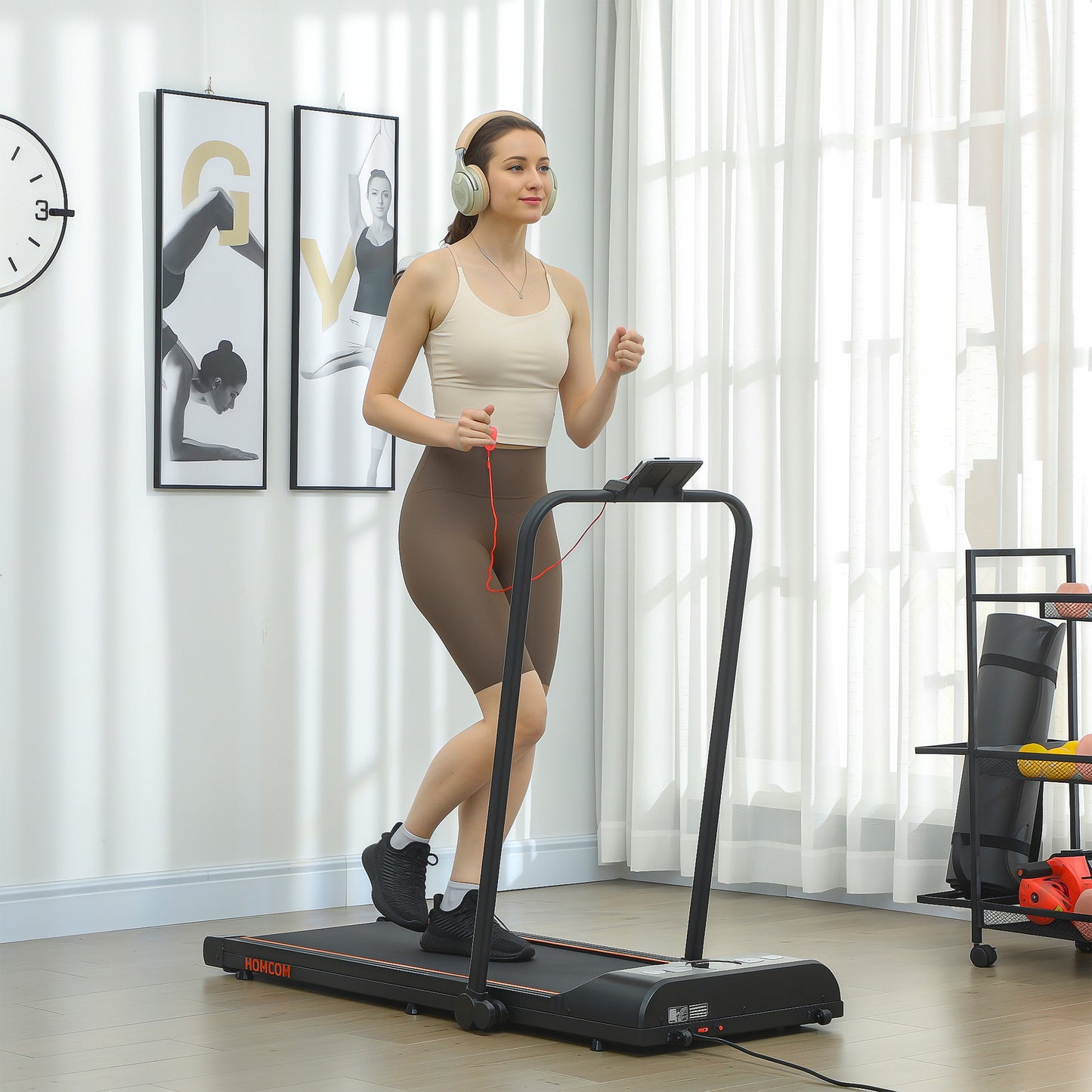 HOMCOM Foldable Walking Treadmill, with LED Display and Wheels, for Home, Office, Fitness Studio, Orange